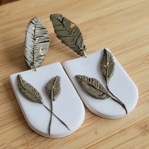 Handmade Olive Green & White Polymer Clay Leaf Dangle Earrings